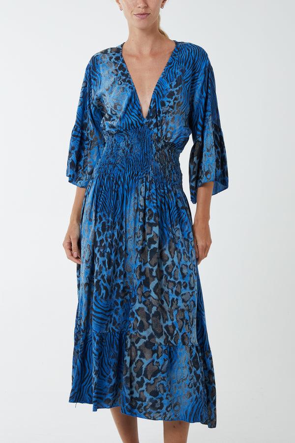 qed london Mixed Animal Print Shirred Midi Dress