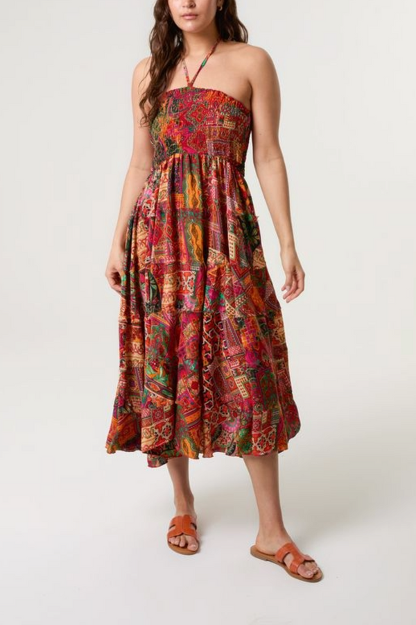 Qed London Mixed Print Artsilk Halterneck Dress