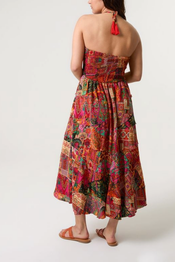 Qed London Mixed Print Artsilk Halterneck Dress