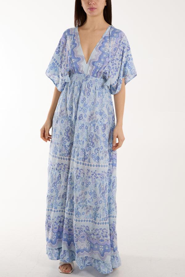 Qed London Mixed Print Tassel Detail V-Neck Dress