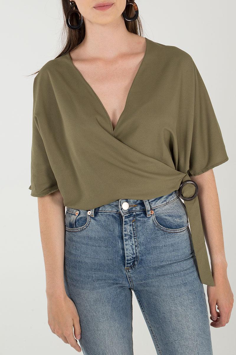 Qed London Mock Horn Buckle Wrap Front Batwing Top