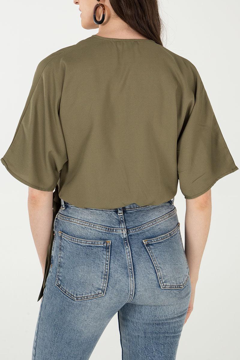 Qed London Mock Horn Buckle Wrap Front Batwing Top