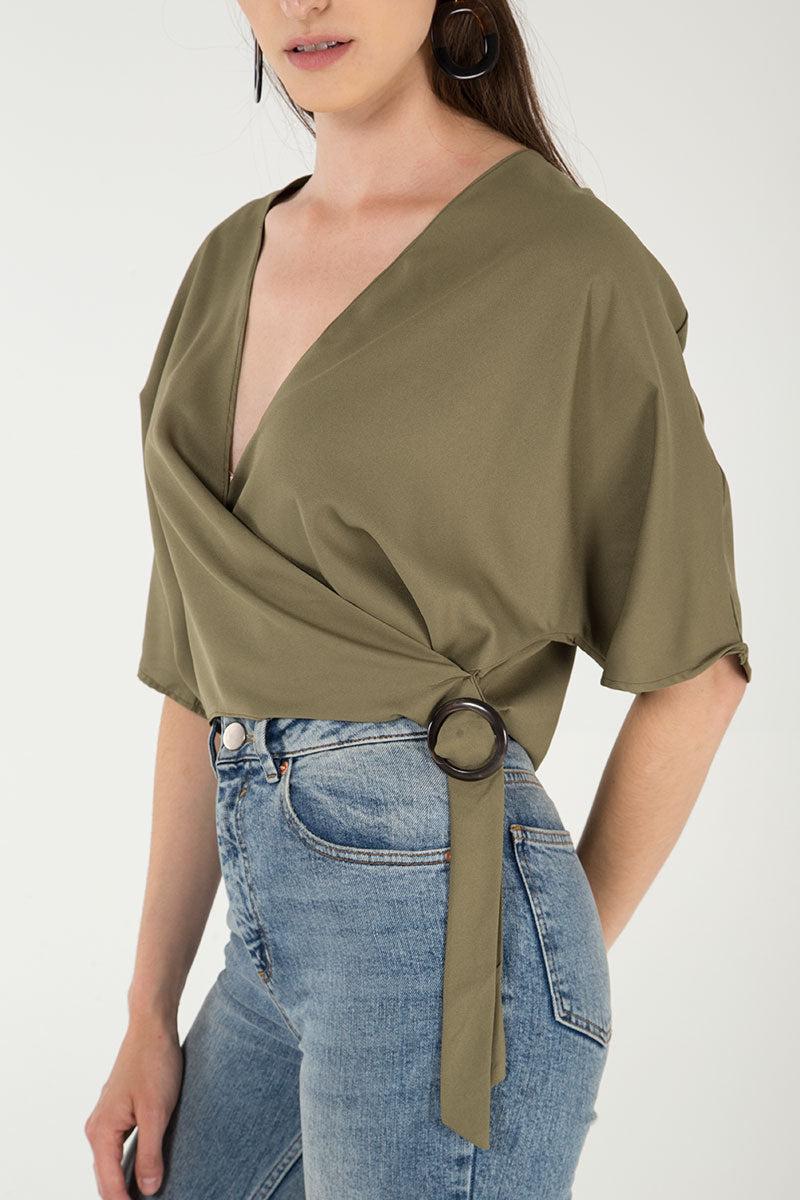 Qed London Mock Horn Buckle Wrap Front Batwing Top