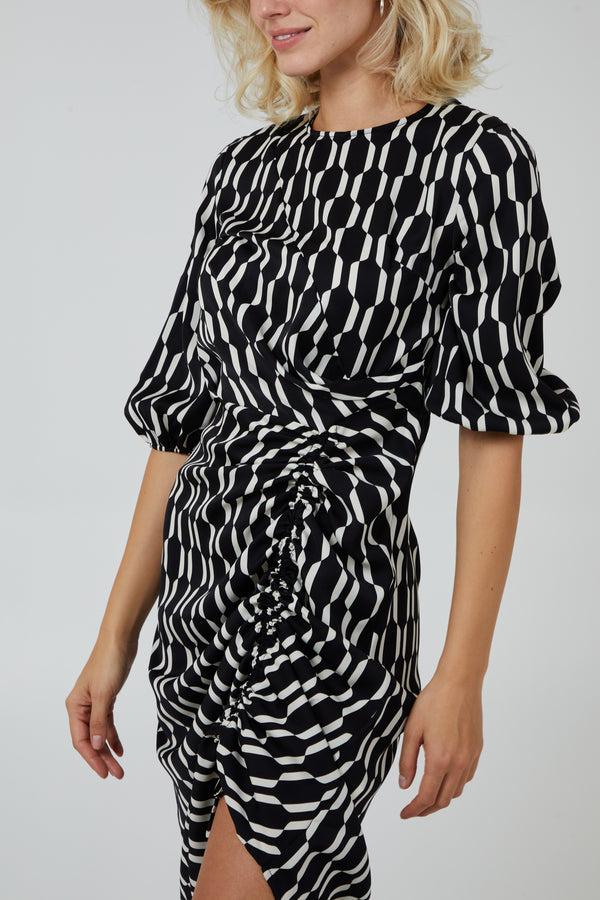 Qed London Mono Geo Print Ruched Hem Dress