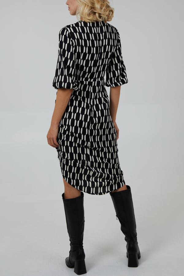 Qed London Mono Geo Print Ruched Hem Dress