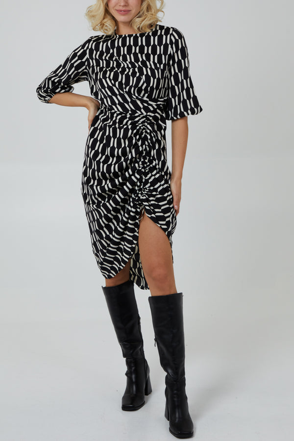qed london Mono Geo Print Ruched Hem Dress