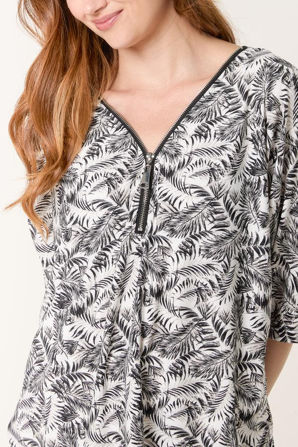 Qed London Monochrome Leaf Print Zip Front Top