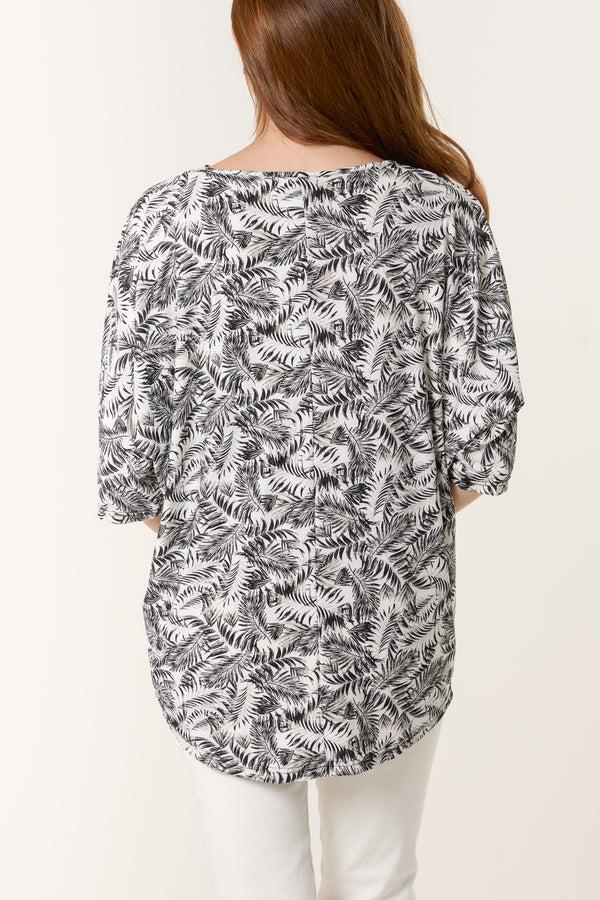 Qed London Monochrome Leaf Print Zip Front Top