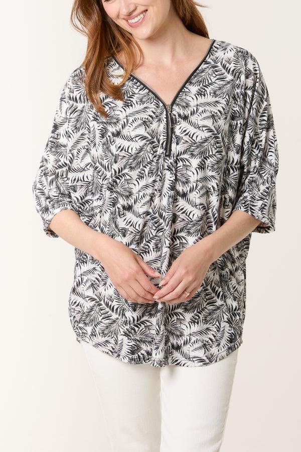qed london Monochrome Leaf Print Zip Front Top