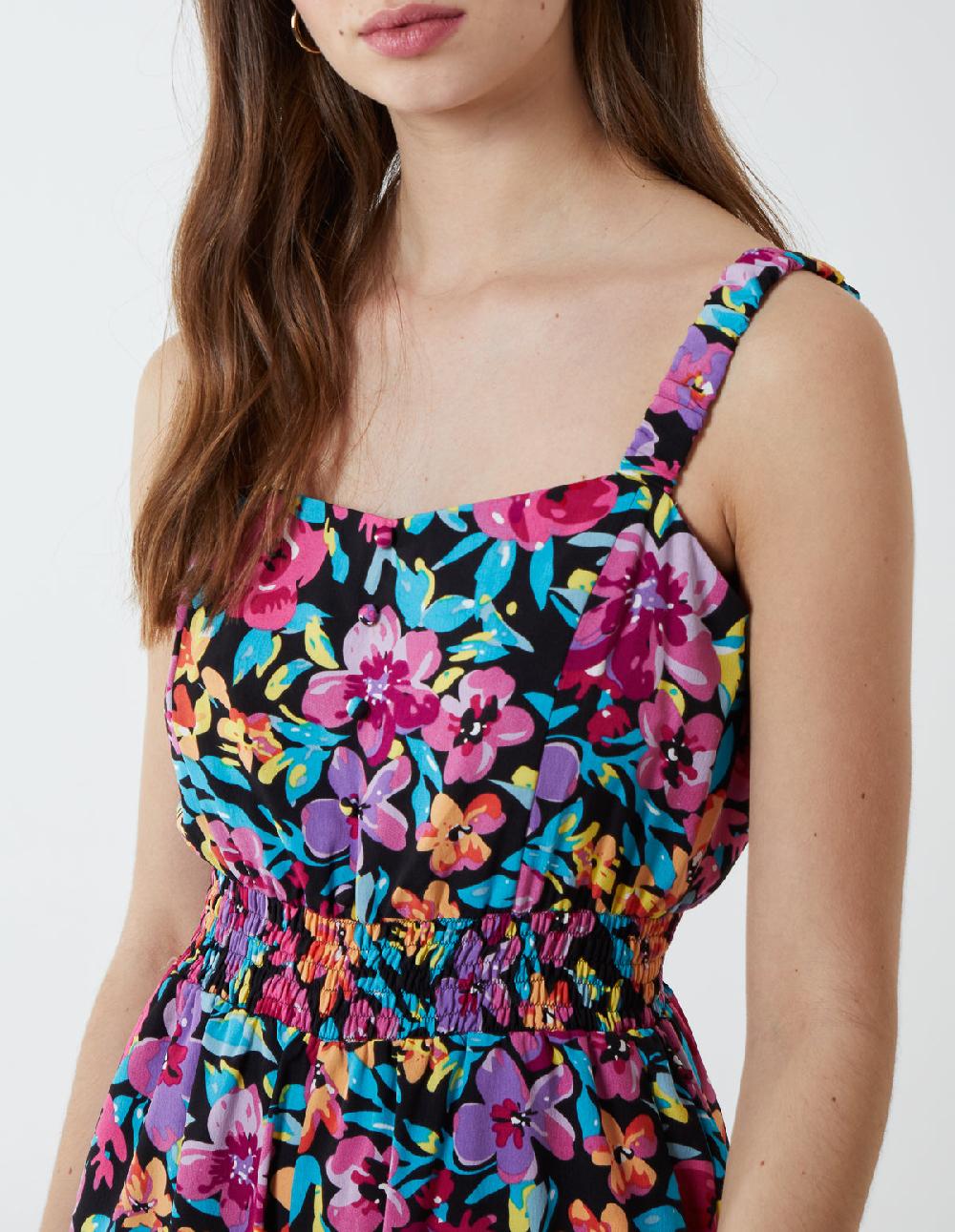 Qed London Multi Floral Shirring Jumpsuit