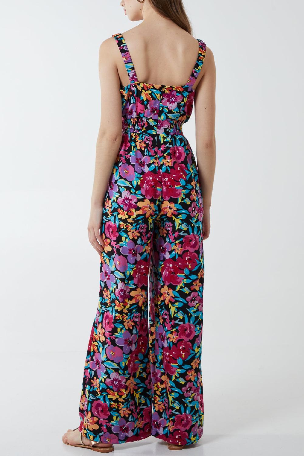 Qed London Multi Floral Shirring Jumpsuit