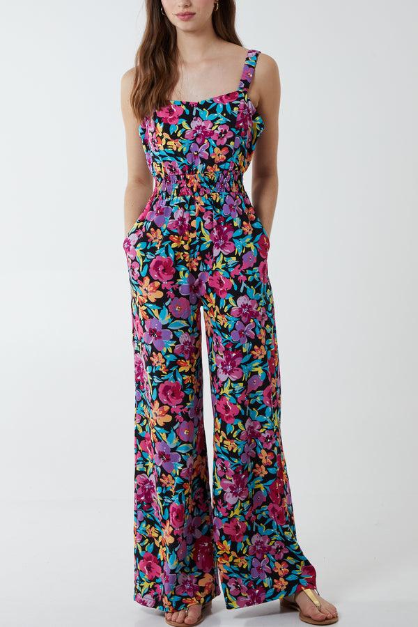 qed london Multi Floral Shirring Jumpsuit