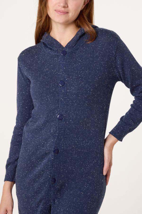 Qed London Navy Longline Button Hooded Cardigan