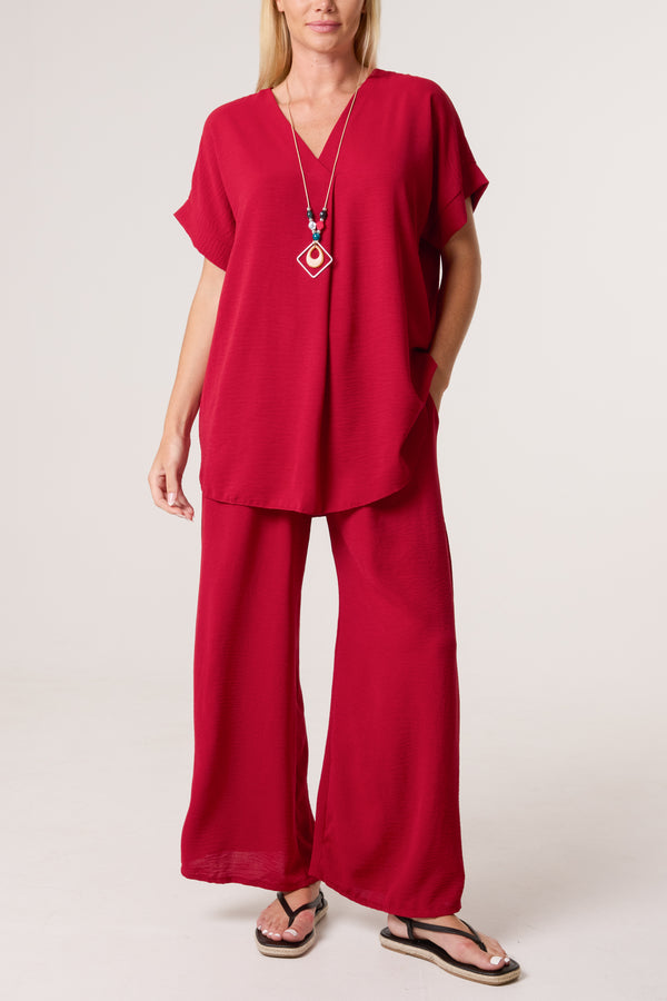 qed london Necklace V-Neck Wide Leg Trousers Set