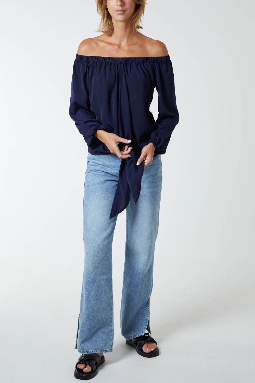 Qed London Off Shoulder Balloon Sleeve Knot Top