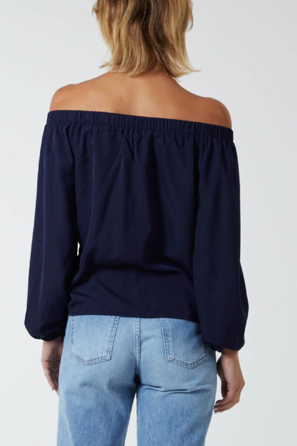 Qed London Off Shoulder Balloon Sleeve Knot Top
