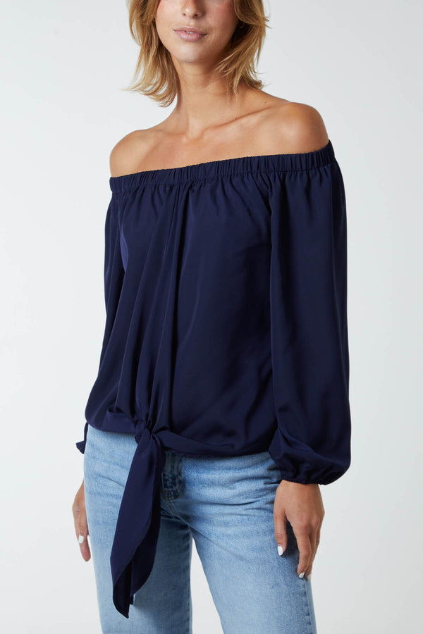 qed london Off Shoulder Balloon Sleeve Knot Top