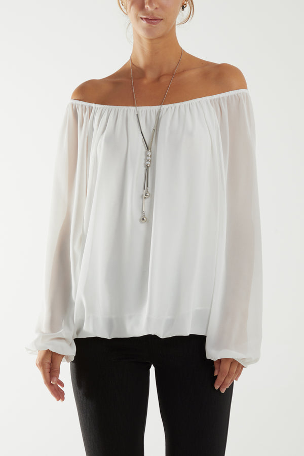 Qed London Off The Shoulder Puffball Necklace Top