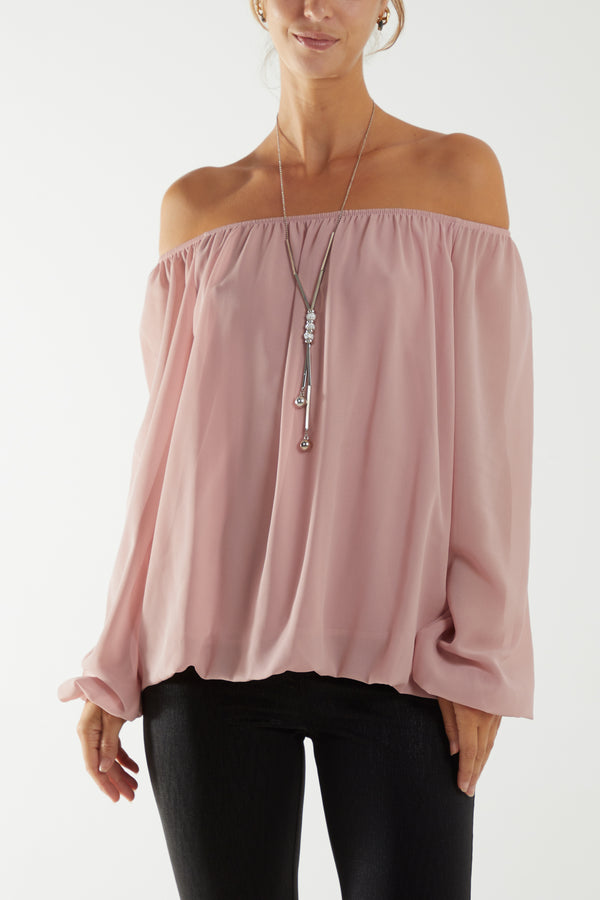 qed london Off The Shoulder Puffball Necklace Top