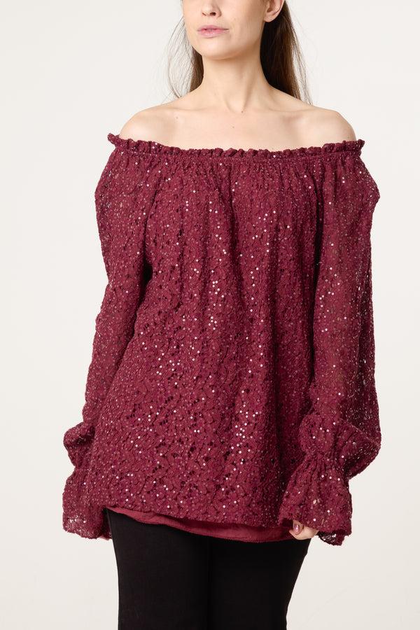 Qed London Off The Shoulder Sequin Lace Blouse