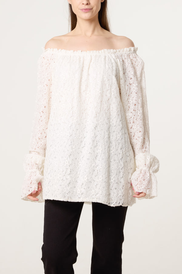 qed london Off The Shoulder Sequin Lace Blouse
