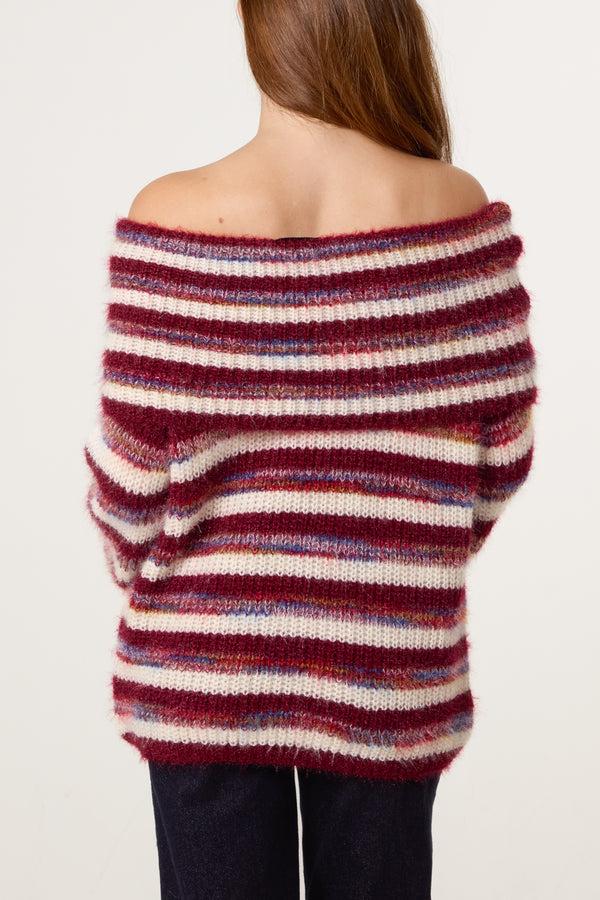 Qed London Off The Shoulder Striped Jumper