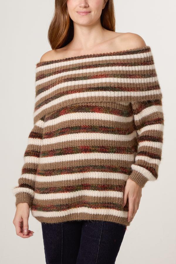 Qed London Off The Shoulder Striped Jumper