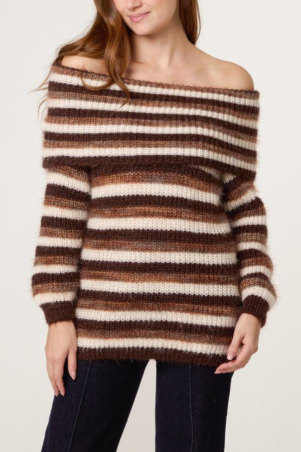 Qed London Off The Shoulder Striped Jumper
