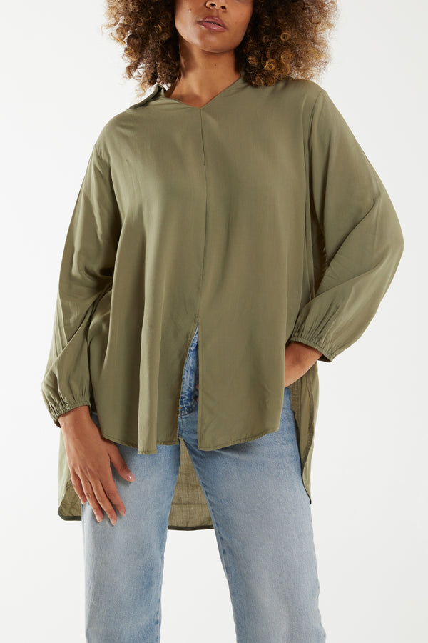 Qed London Open Collar Dip Hem Blouse