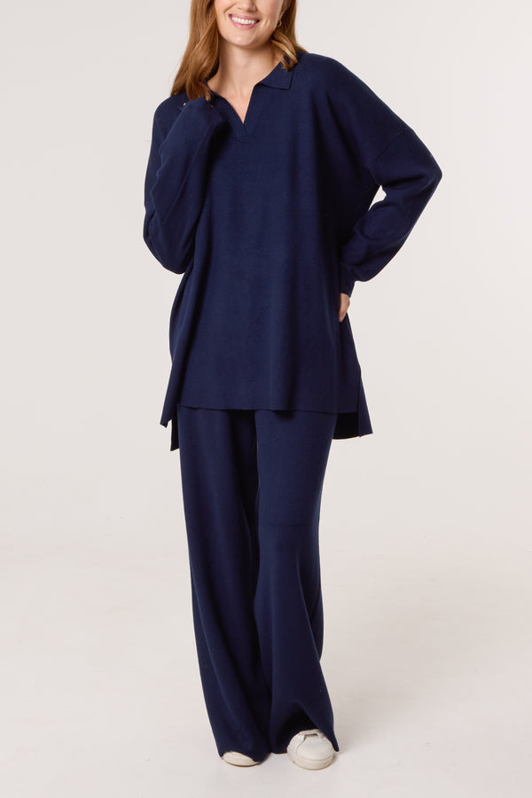 Qed London Open Collar Jumper & Trouser Knitted Set