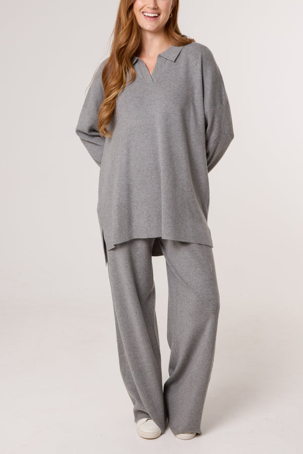 qed london Open Collar Jumper & Trouser Knitted Set