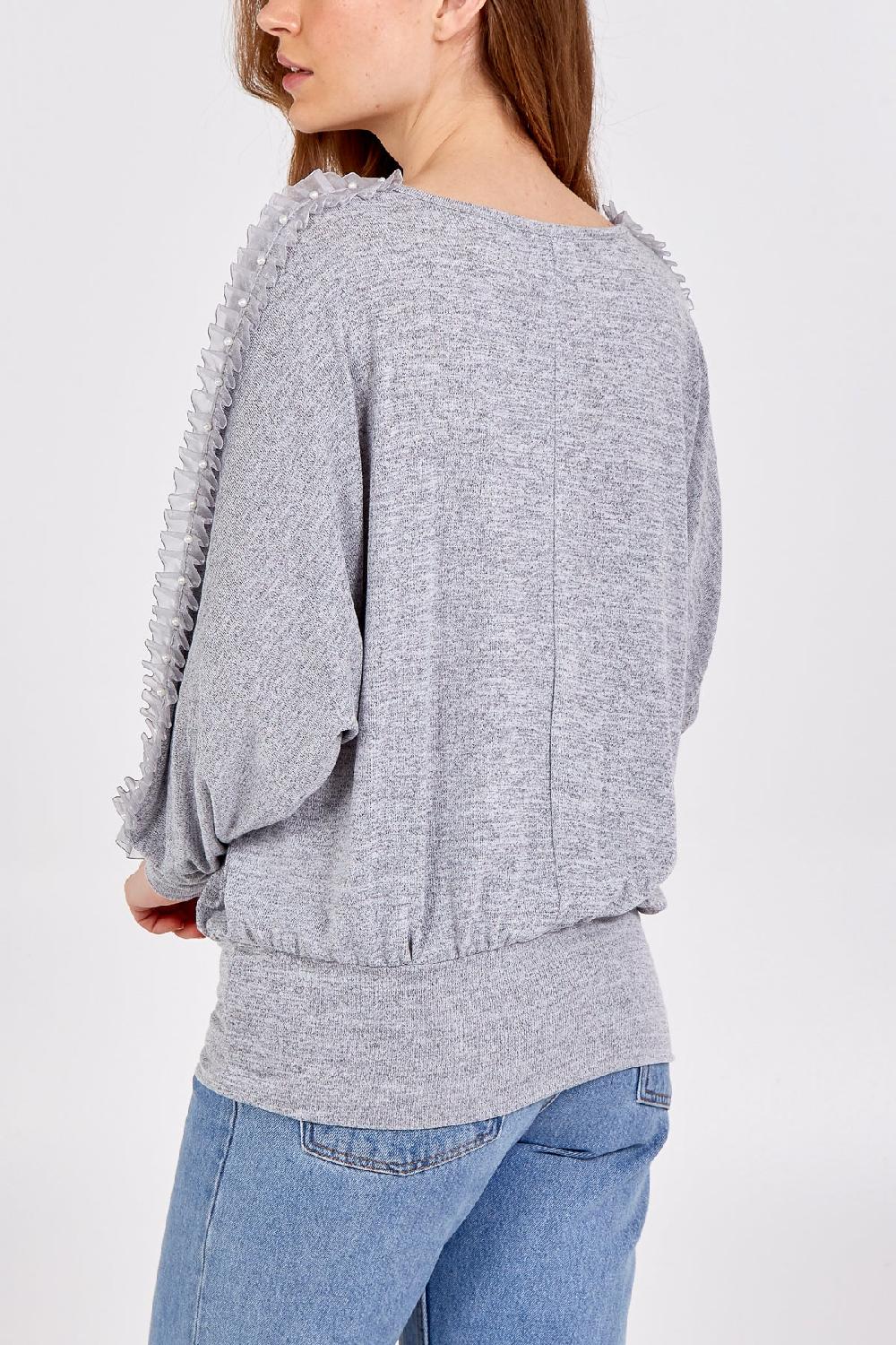 Qed London Organza Ruffle Trim Arm Batwing Top