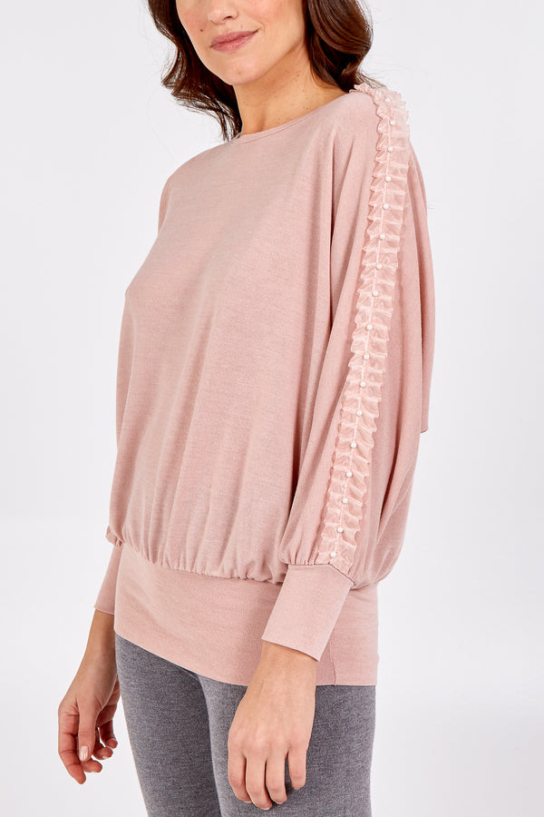 qed london Organza Ruffle Trim Arm Batwing Top