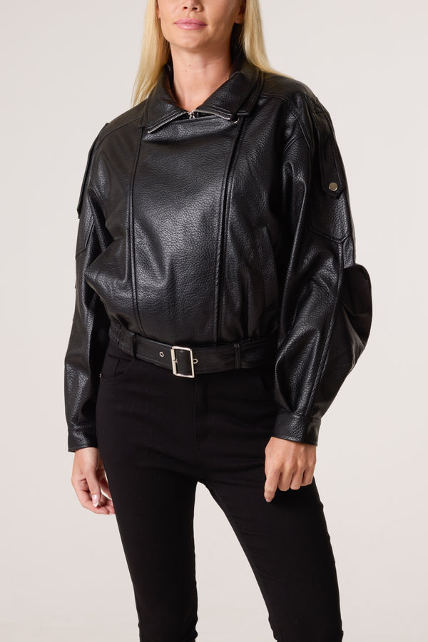 Qed London Oversized Belted PU Biker Bomber Jacket