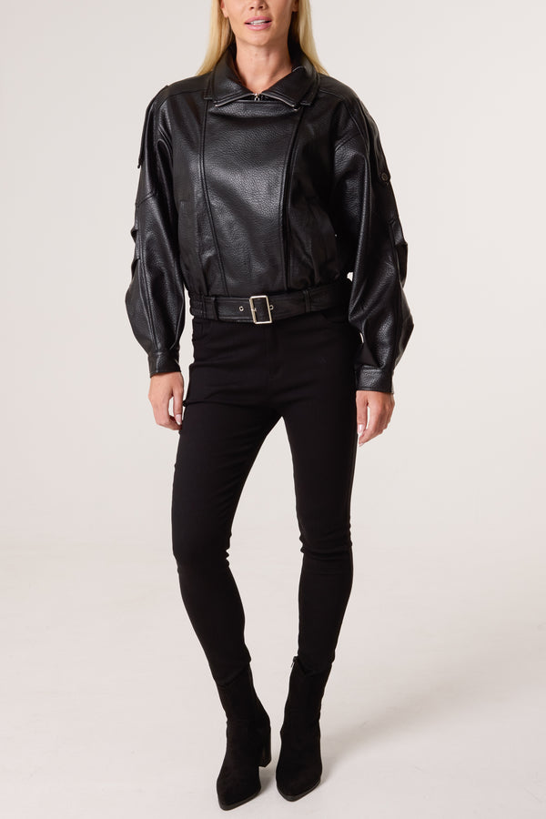 Qed London Oversized Belted PU Biker Bomber Jacket