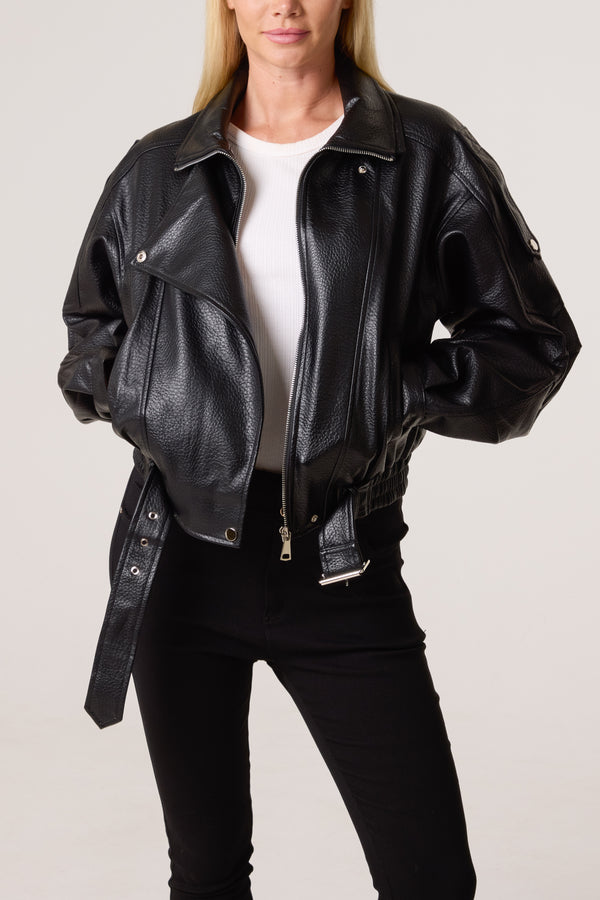 qed london Oversized Belted PU Biker Bomber Jacket