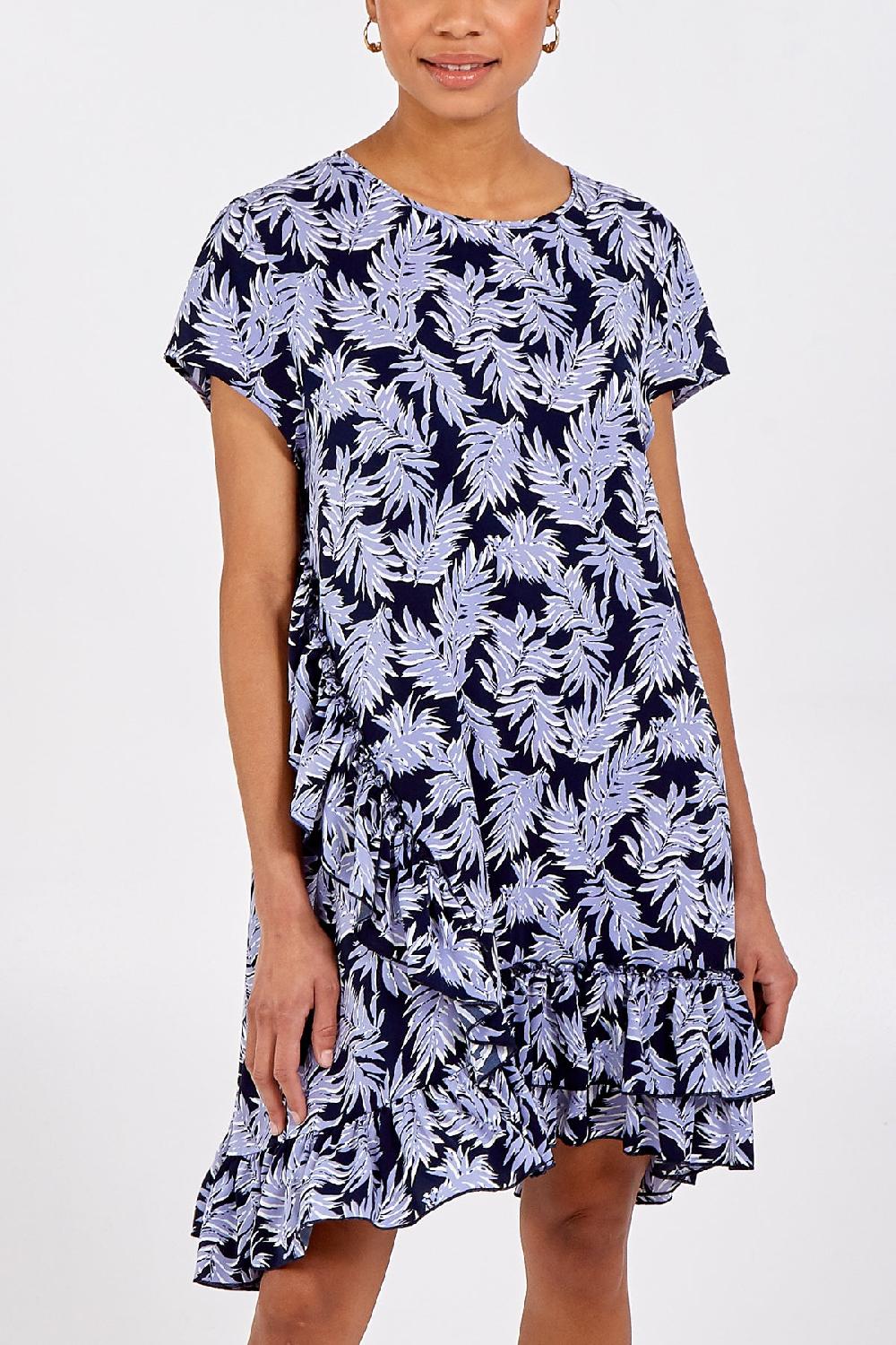 Qed London Oversized Leaf Print Frill Dress