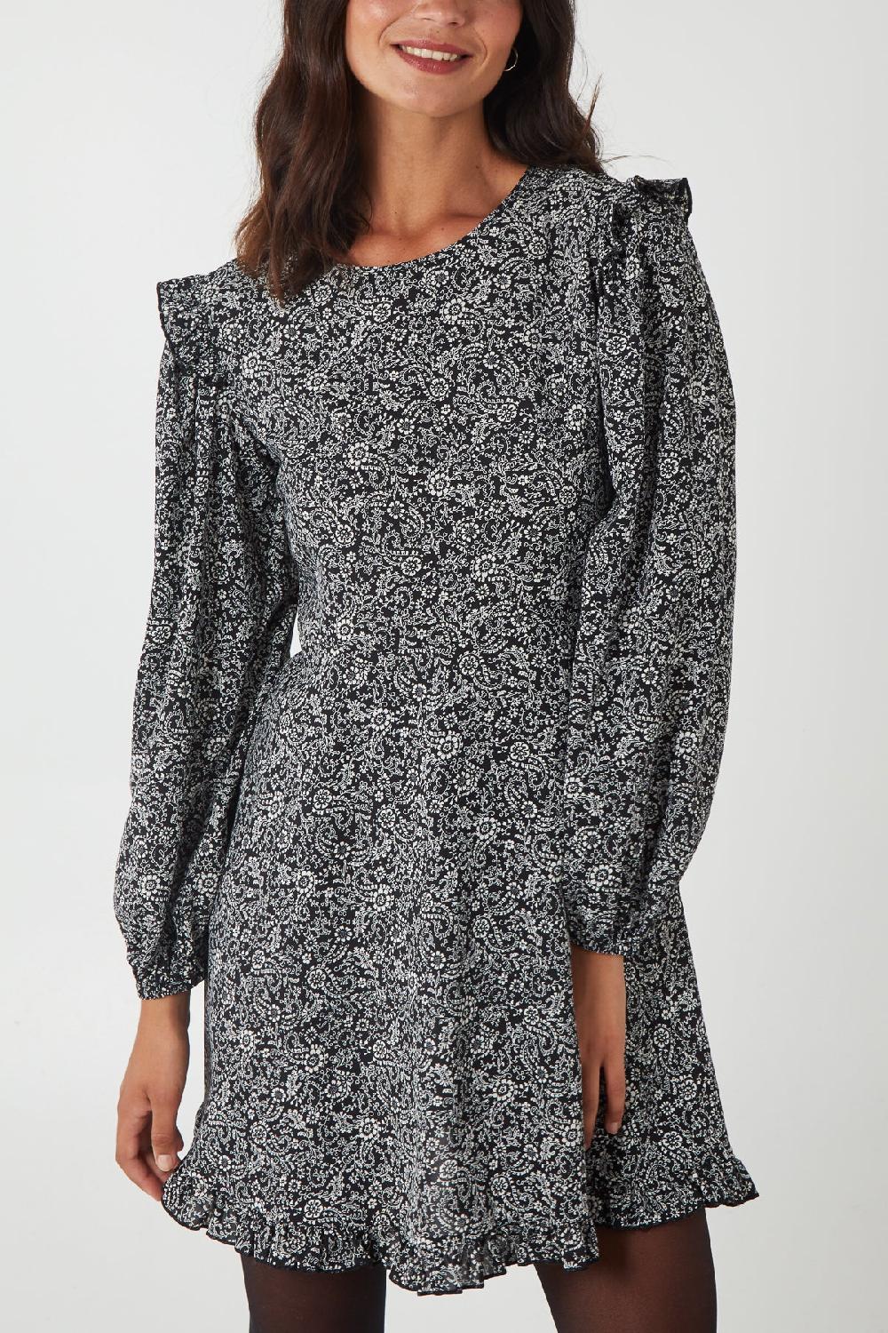 Qed London Paisley Long Sleeve Frill Mini Dress