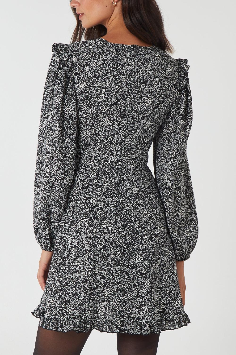 Qed London Paisley Long Sleeve Frill Mini Dress
