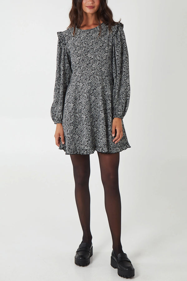 qed london Paisley Long Sleeve Frill Mini Dress