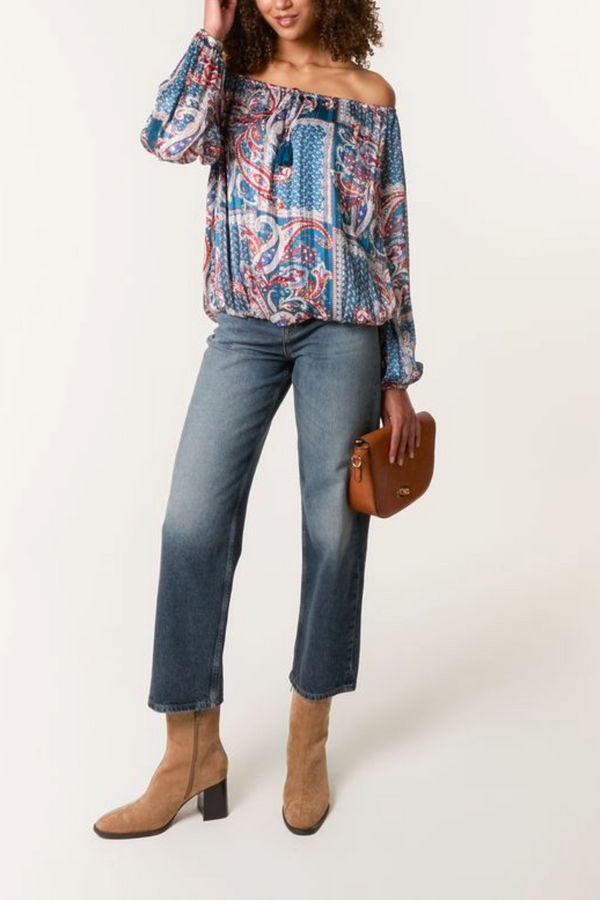 Qed London Paisley Print Bardot Puffball Blouse