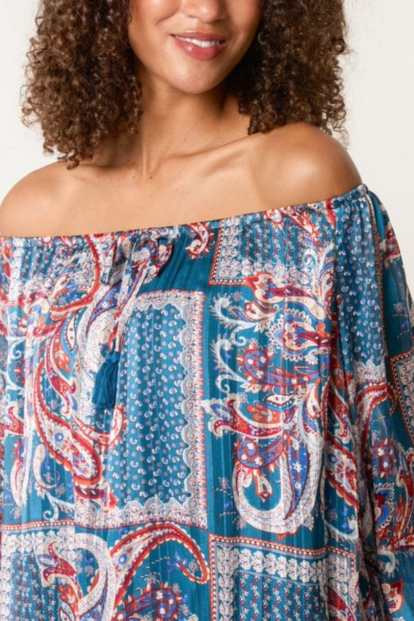 Qed London Paisley Print Bardot Puffball Blouse
