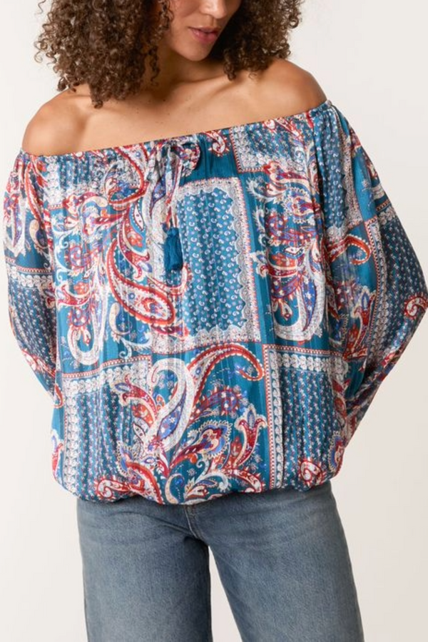 qed london Paisley Print Bardot Puffball Blouse