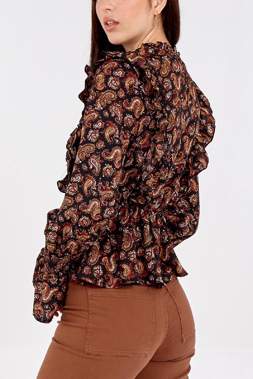 Qed London Paisley Print Ruffle Long Sleeve Blouse
