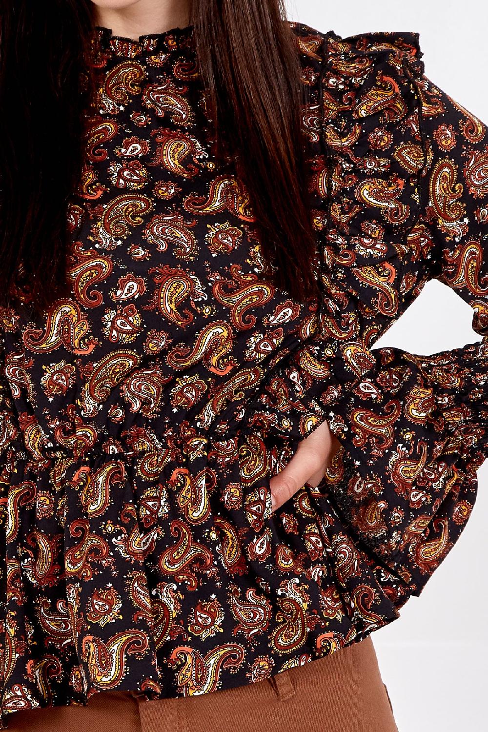 Qed London Paisley Print Ruffle Long Sleeve Blouse