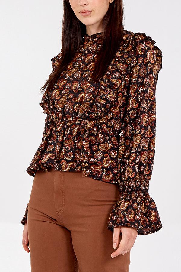 qed london Paisley Print Ruffle Long Sleeve Blouse