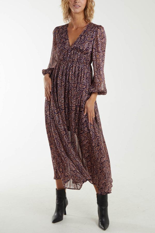 qed london Paisley Print Shirred Waist Maxi Dress