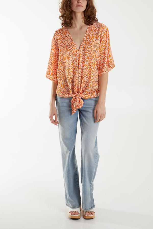 Qed London Paisley Print Tie Front V-Neck Top