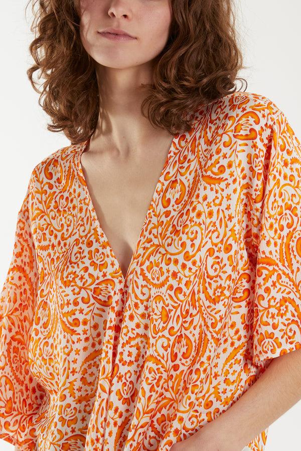 Qed London Paisley Print Tie Front V-Neck Top