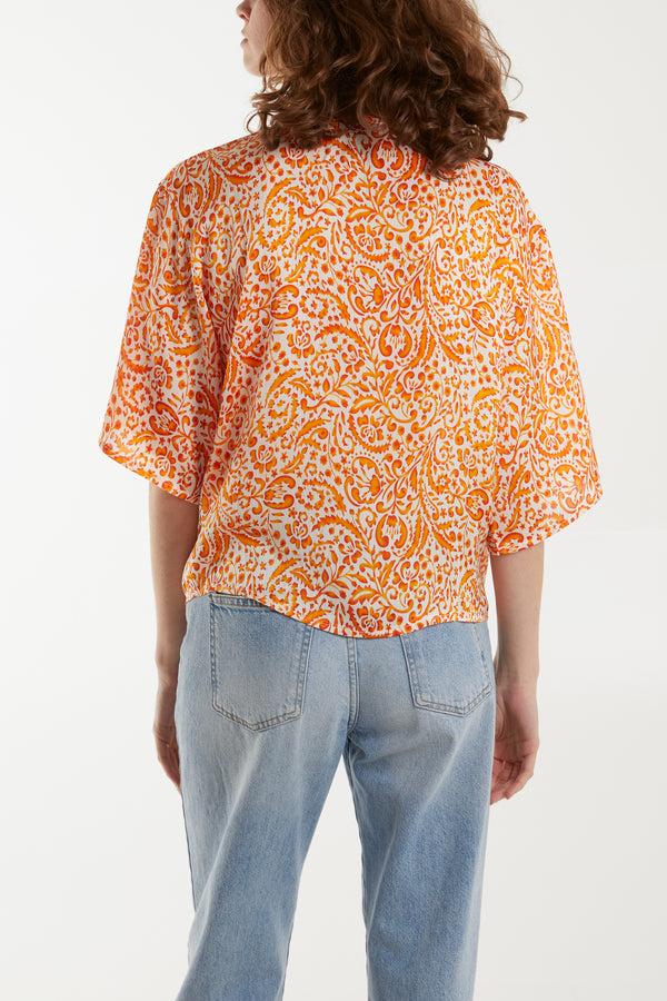 Qed London Paisley Print Tie Front V-Neck Top